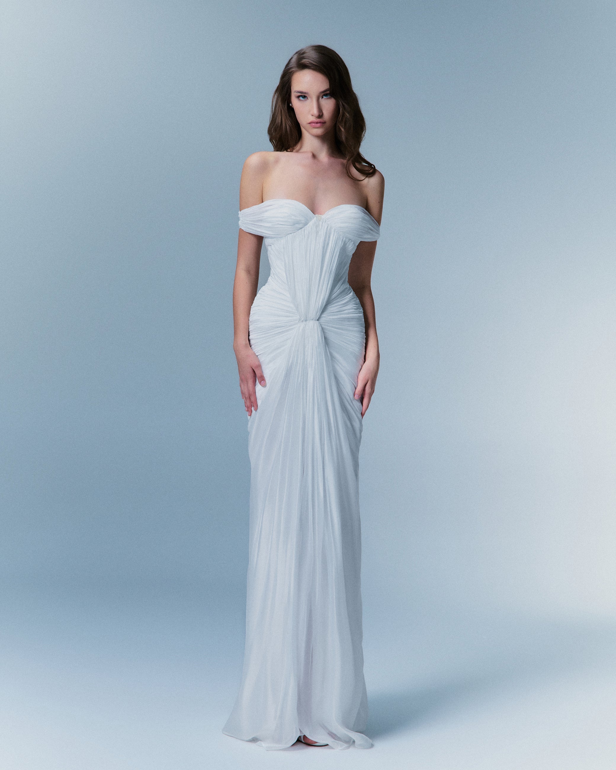 Noelle Gathered Off-shoulder Gown
